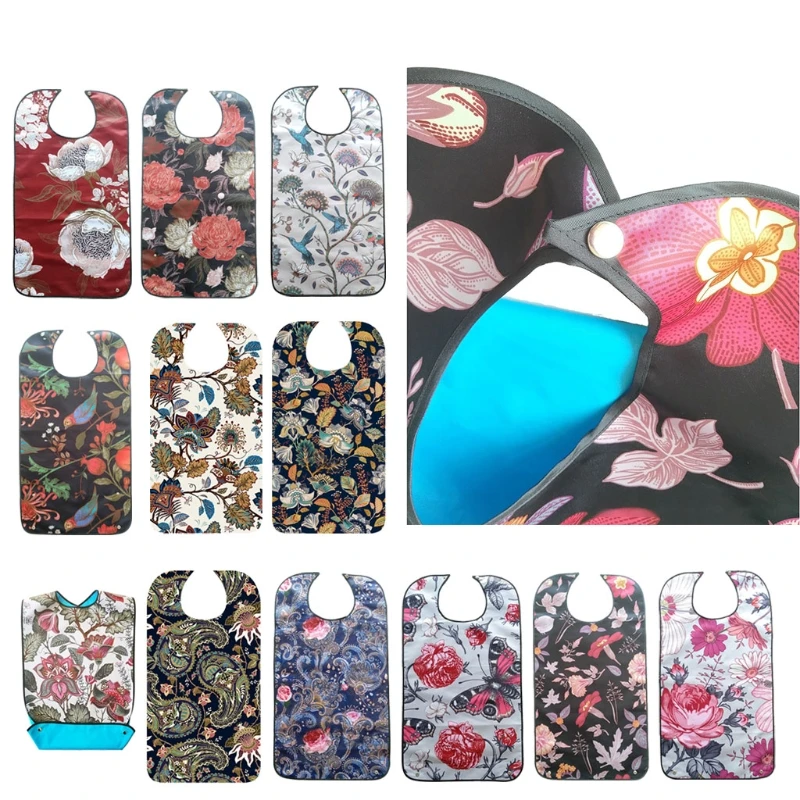 Reusable Waterproof Adult Elder Mealtime Bib Clothing Spill Protector Disability Aid Apron Floral Flowers Print