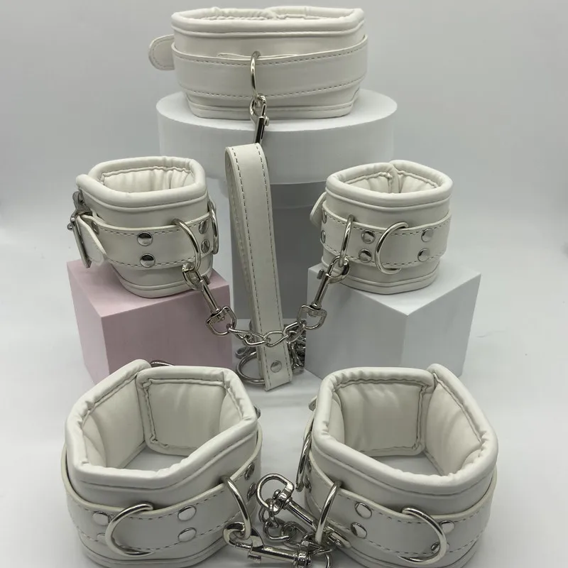 Soft PU Sponge Slave Bondage Set of Handcuffs Ankle Cuffs with Metal Chain Collar for Women Men Fetish Bdsm Adult Games Sex Toys