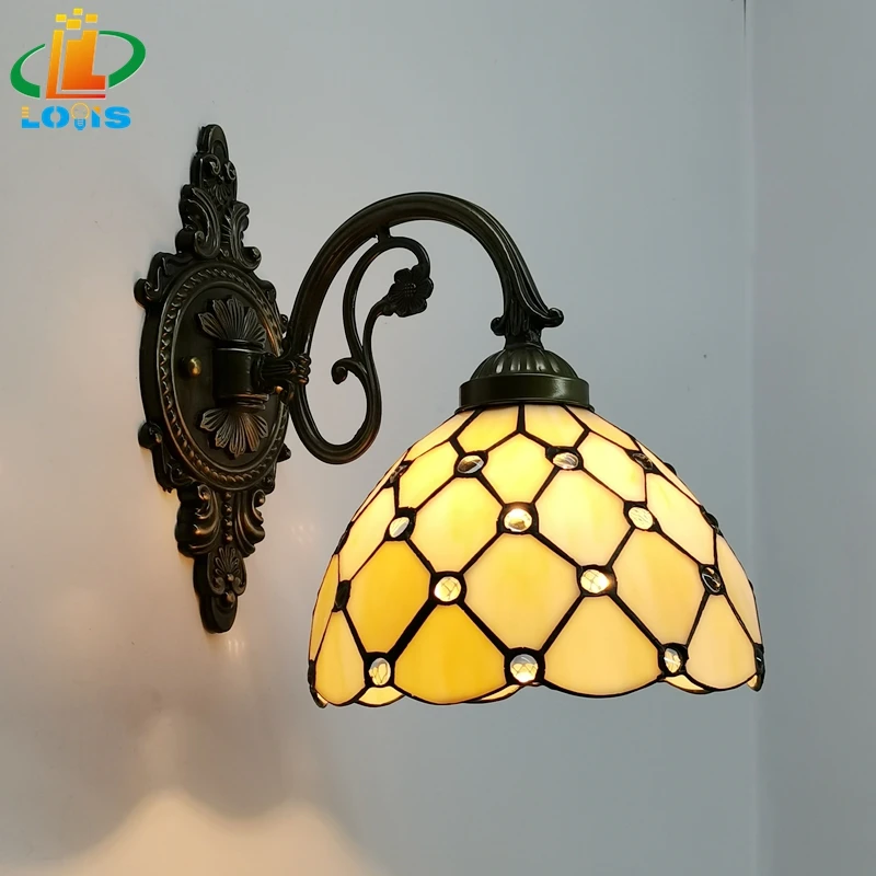 European Classical Glass Beads Wall Lamp Tiffany Style Living Room Backdrop Bedroom Bedside Bar Aisle Stairs Lamp Metal Lamp Arm