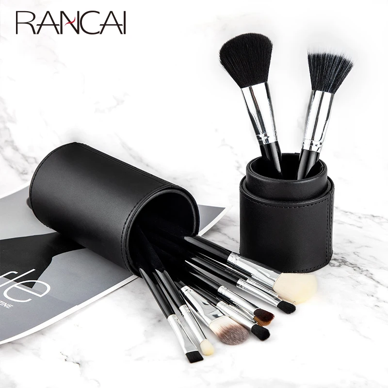 Rancai 12Pcs Professionele Make-Up Kwasten Set Stichting Grote Losse Poeder Contour Oogschaduw Eyeliner Wenkbrauw Met Zwarte Cilinder