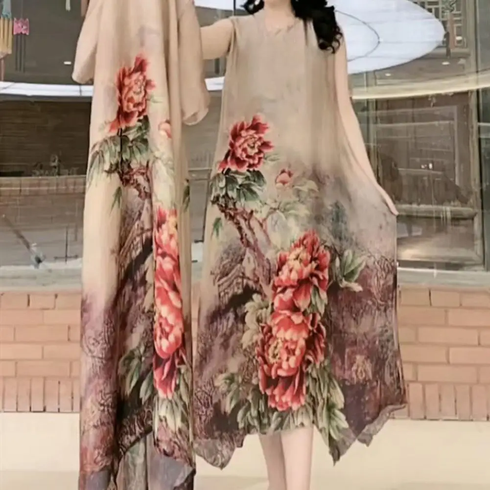 2Pcs/Set Floral Print Dress Set Women Sleeveless Maxi Dress Loose Long Sleeve Cardigan Outwear Two Piece Set Women Dress Suit