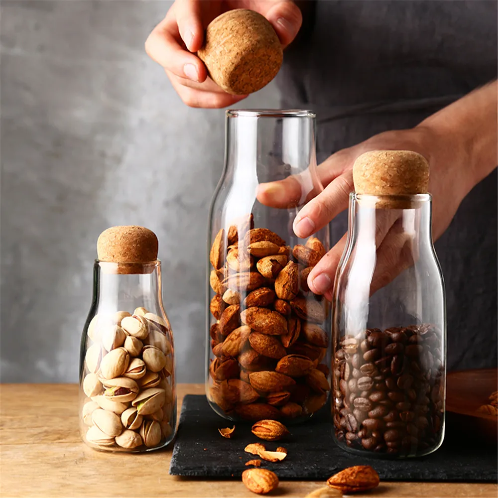 Cork Lid Sealed Jar Juice Water Milk Glass Bottle Kitchen Storage Container Jars for Tea Coffee Beans Spice Sugar Cereal