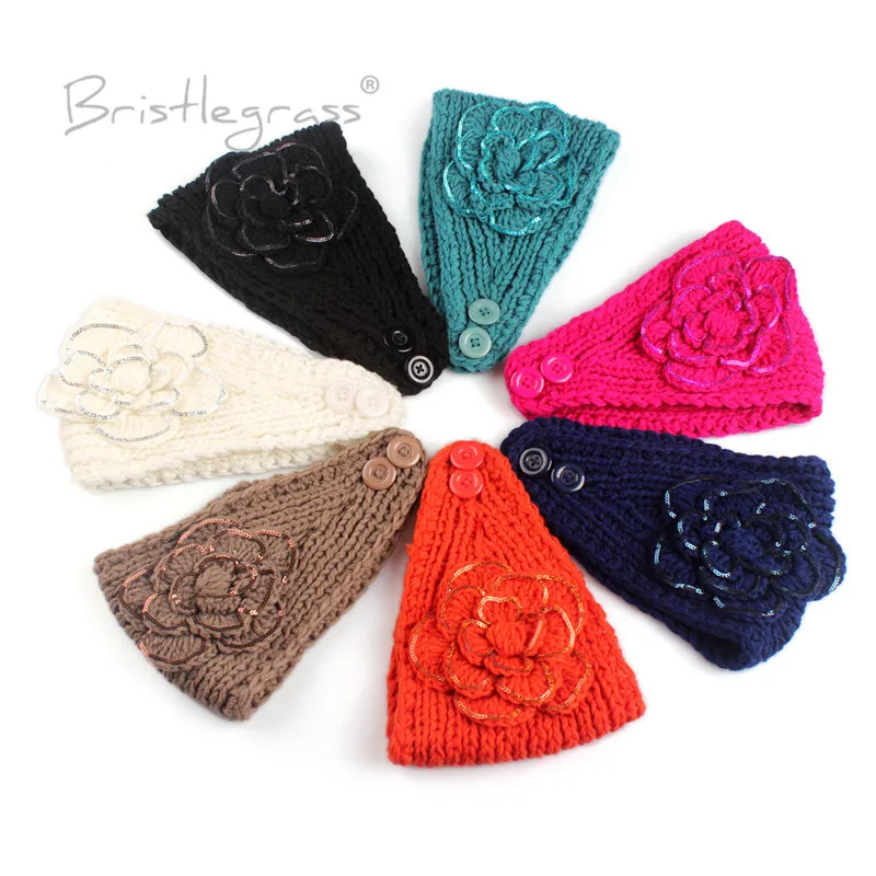 BRISTLEGRASS Women's Winter Sequined Flower Crochet Knitting Knitted Headbands with Button Headwrap Ear Warmer Turban Hair Bands