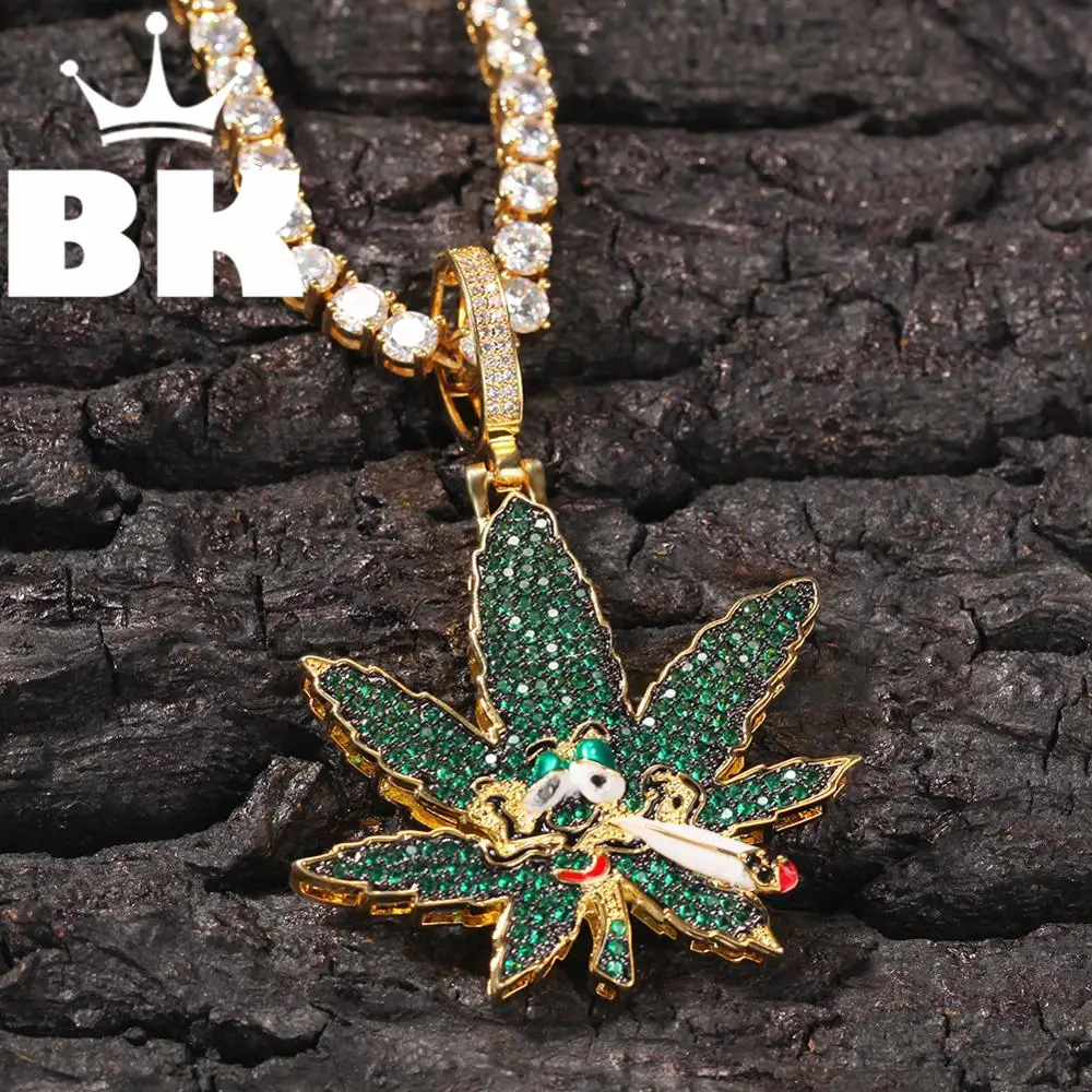 

Men's Hip Hop Green Weed Leaf Pendant Necklace Smoking Skull Full Iced Out Cubic Zirconia Charm Bling Christmas Jewelry Gift