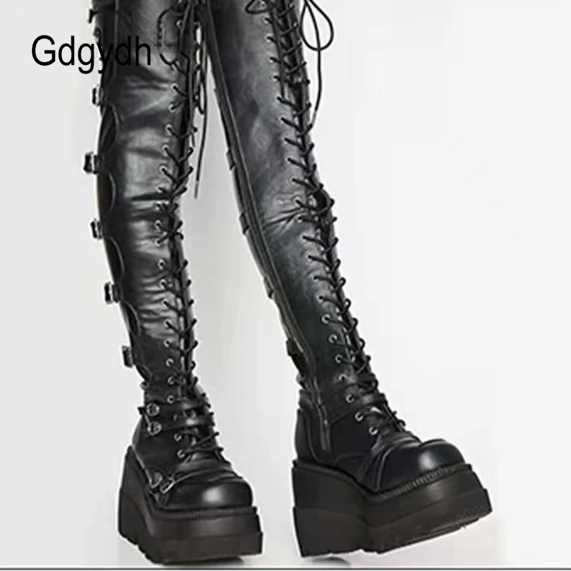 Gdgydh Brand Design Female High Platform Thigh High Boots Buckle Strap Gothic Girls High Heels Boots Women Cosplay Wedges Shoes