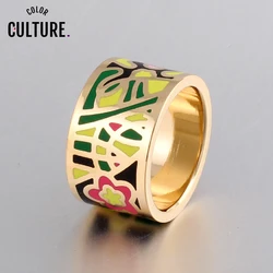 Promotions Hurry Flower Enamel Ring Gold-color Enamel Geometric Patterns Ring 1.3CM Big Rings for Women Ethnic jewelry