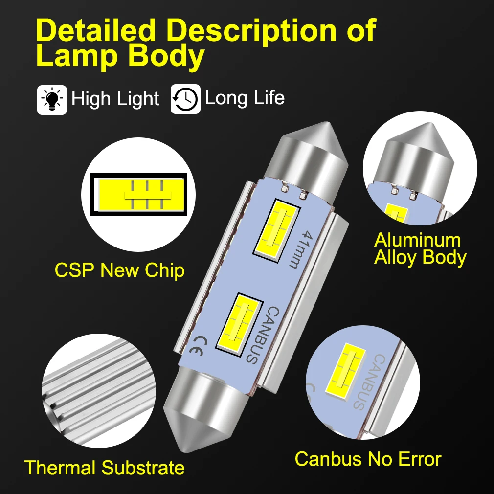 2pcs Canbus C5W C10W Led Bulb CSP Festoon 29mm 31mm 36mm 39mm 41mm 44mm Car Interior Light Dome Reading Lamp 12V 6000K White