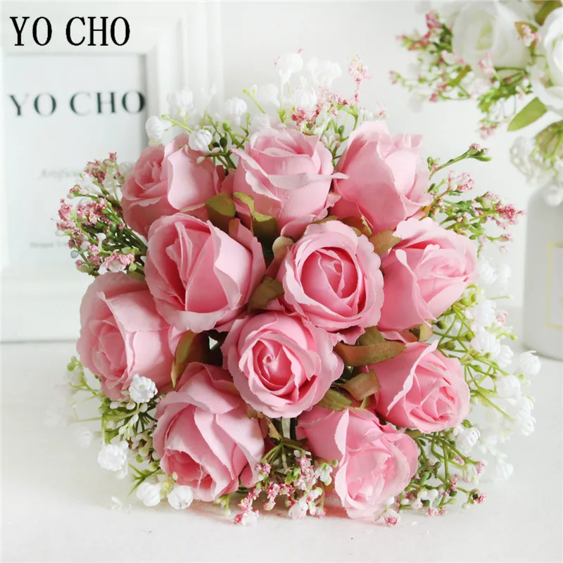 YO CHO Bouquet Bride Wedding Flower Bouquet Artificial Silk Rose Fake Babys Breath Pink Bridesmaid Hold Flower Wedding Supplies