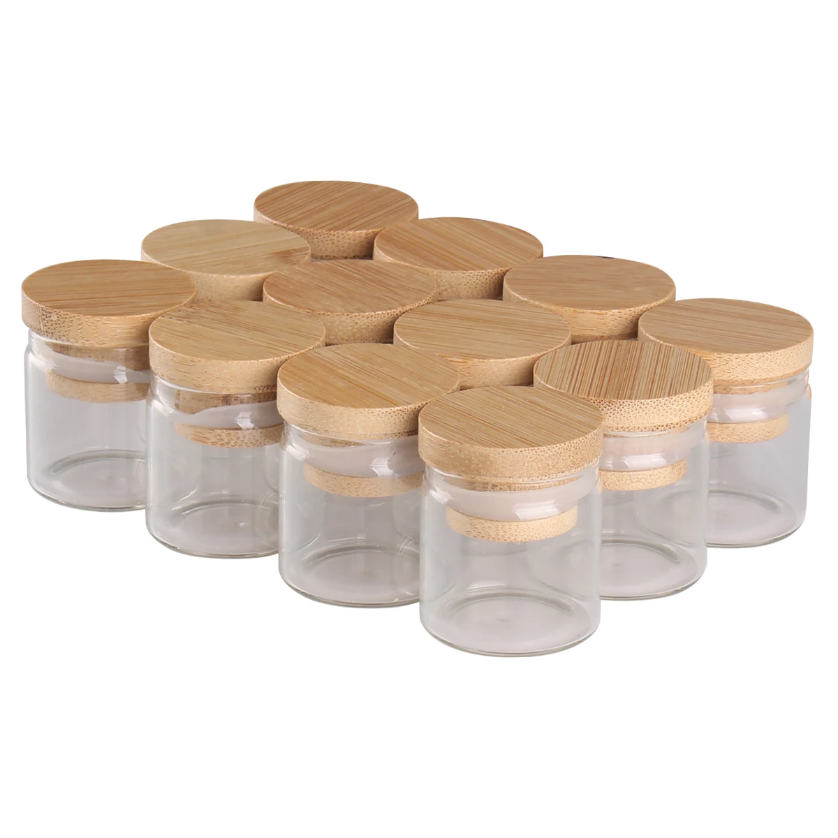 

12pcs 10ml 30*30mm Small Transparent Glass Bottles Jar Vials with Bamboo Lids for Art Crafts Wedding Favors