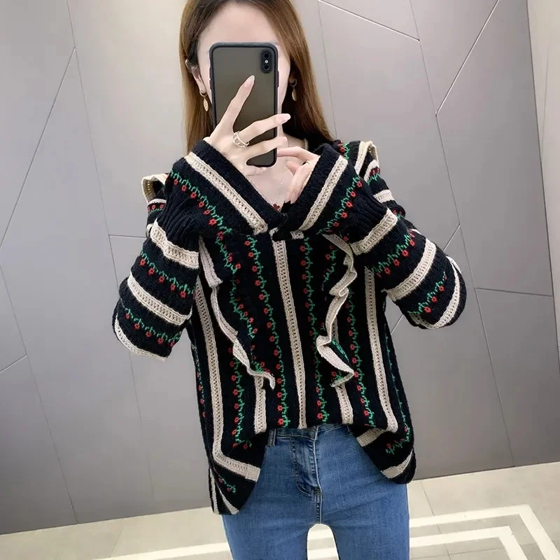 Female Black Fuffled Sweater Lace New Striped Jacquard Jacket 2021Autumn Winter Long-sleeved Western-style Women Blouse CoatA339