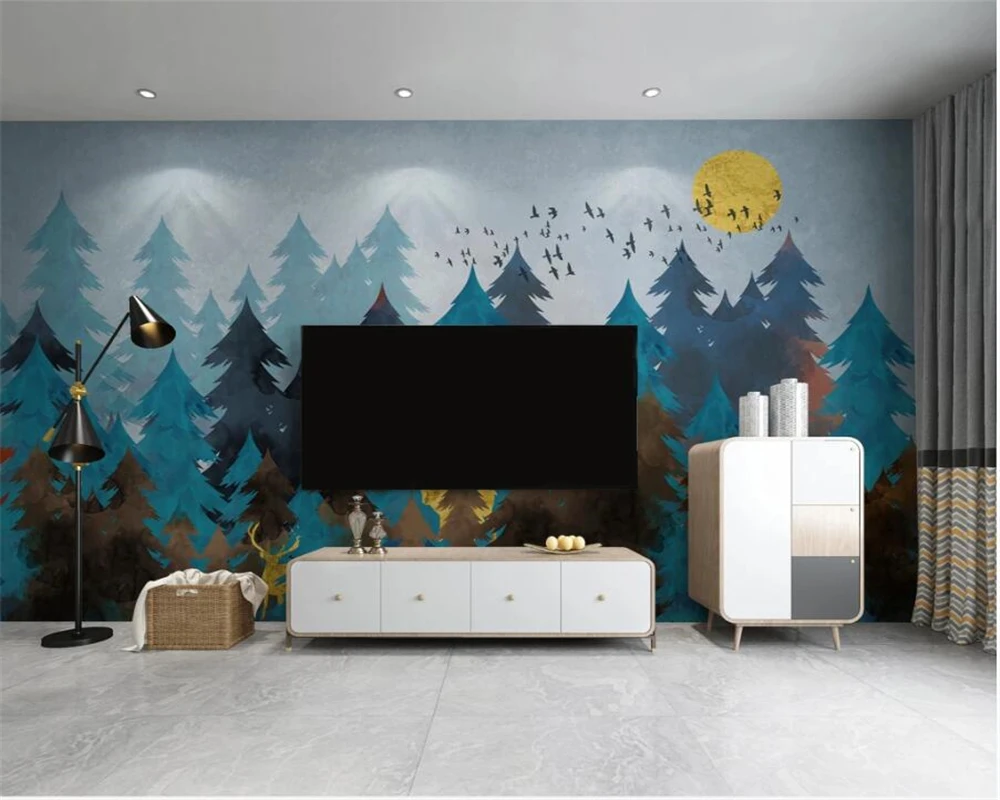 

Beibehang Custom 3d Wallpaper Watercolor hand painted elk forest Background Wall landscape tree murals 3d wallpaper