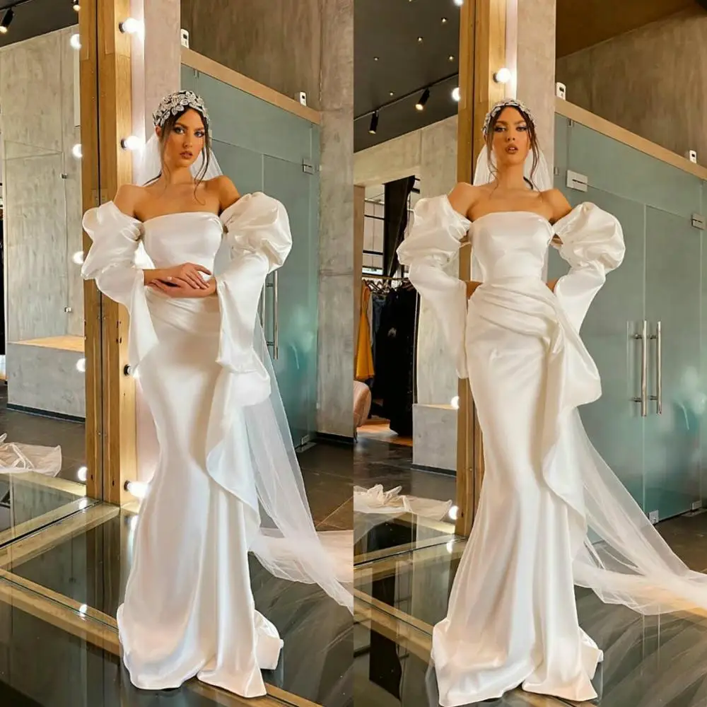 Simply Satin Mermaid Wedding Dresses Off Shoulder Juliet Long Sleeve Wedding Dress Floor Length Plus Size Bridal Gowns