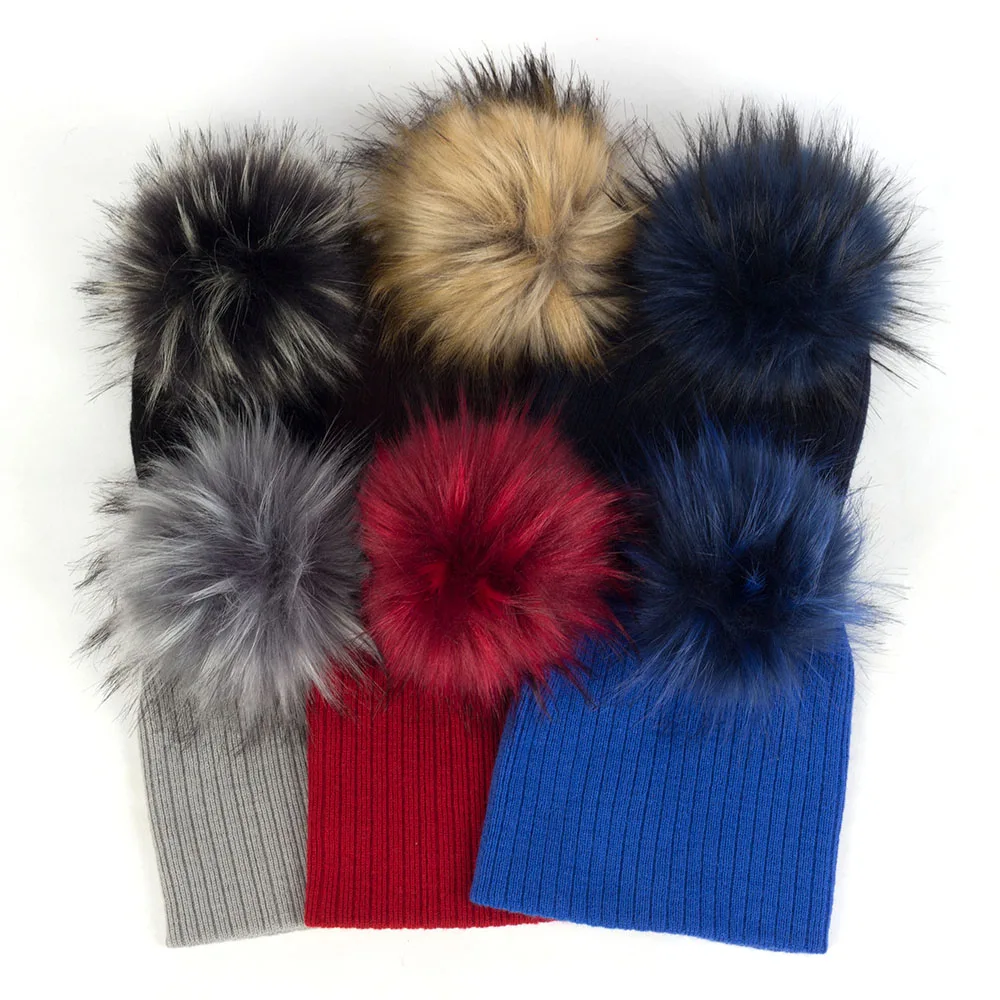 Geebro Fashion child baby Solid Color Ribbed Beanies hats With Faux fur pompom New Girls Boys Kids Soft Cute skully hats