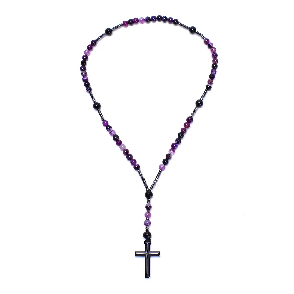 8mm Purple Lace Agate Catholic Christ Rosary Necklaces for Women Hematite Cross Pendant Mala Jewelry Gift Wholesale Dropship