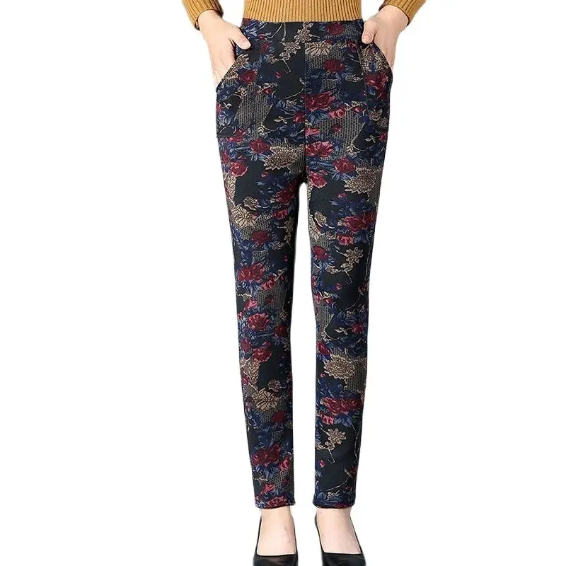 

Add Velvet Thicken Middle-Aged Leggings Female External Wear Autumn Winter 2021 New Keep Warm Mother Loose Cotton Flower Pants