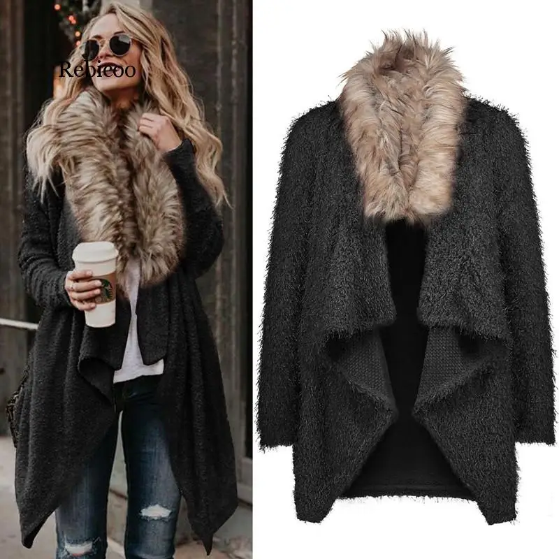 

Spring Autumn Women Trench Plus Size Fashion Fake Fur Collar Casual Loose Solid Terry Cardigan Coat For Women Outerwear