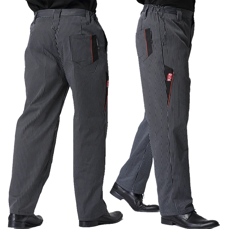 Pantalon de chef à rayures grises pour hommes, uniforme de restaurant, vêtements de travail élastiques pour la cuisine, pantalon zèbre