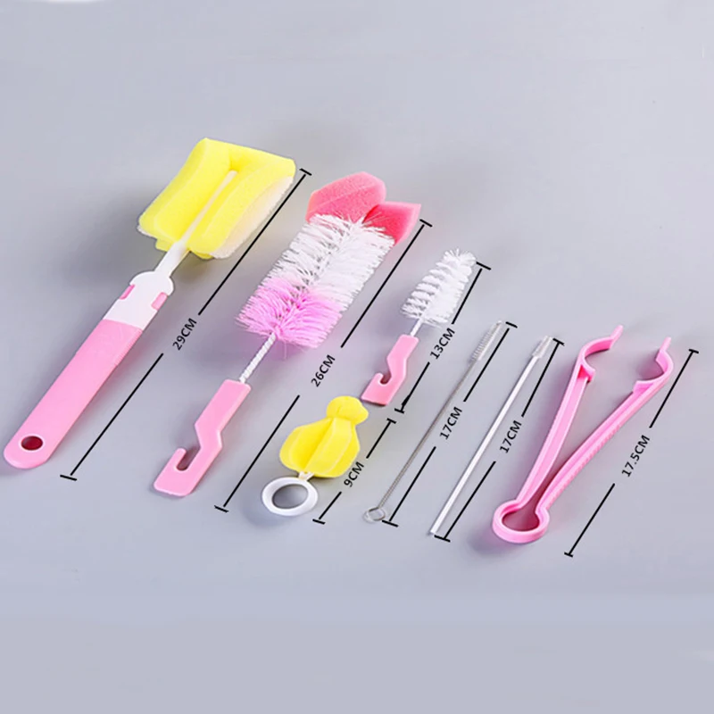 7Pcs Set di pennelli per biberon capezzolo per bambini Kit di spazzole per tazza con beccuccio in spugna pulita rotante a 360 gradi con manico strumento per la pulizia della bottiglia