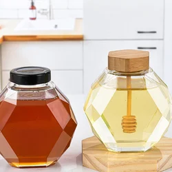 250/500ml Hexagonal Glass Honey Bottle with Wooden Stirring Rod Honey Packaging Bottle Kitchen Honey Bottle Container Honey Jar