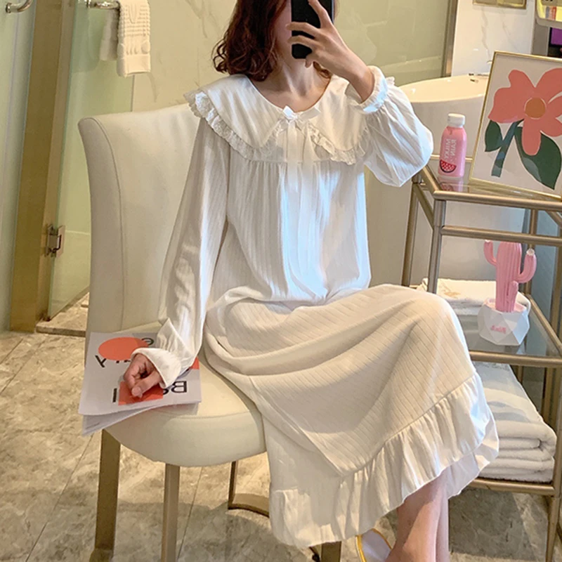 Nightgowns Women Tender Elegant Popular Casual Long Sleeve Nightdress 6 Colors Loose Ruffles Modern Patchwork Bow Sleepwear Soft