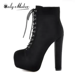 Onlymaker Women  Platform High Heel Block Chunky Round Toe Lace Up Ankle Boots Black Suede Party  Big Size  Ankle Boots