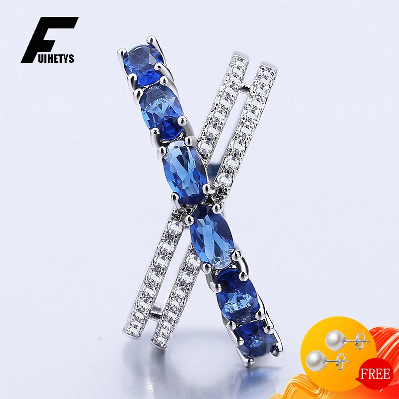 925 Silver Jewelry Rings for Women Oval Sapphire Zircon Gemstone Cross Shape Accessories Finger Ring Wedding Promise Party Gift