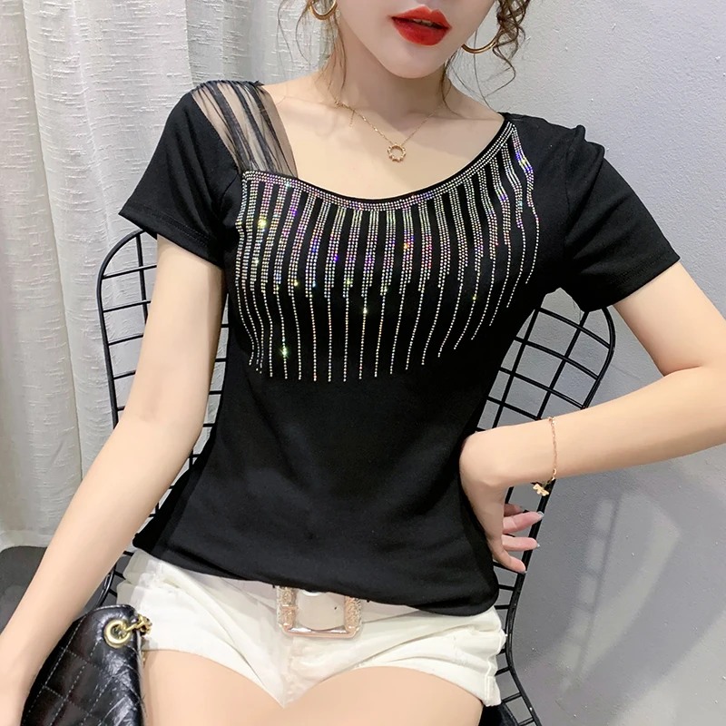 Chic Rhinestones Diamante Summer T Shirt Women Casual Tee Shirts O-neck Short Sleeve Tshirt Fashion Ladies Clothings T07806B