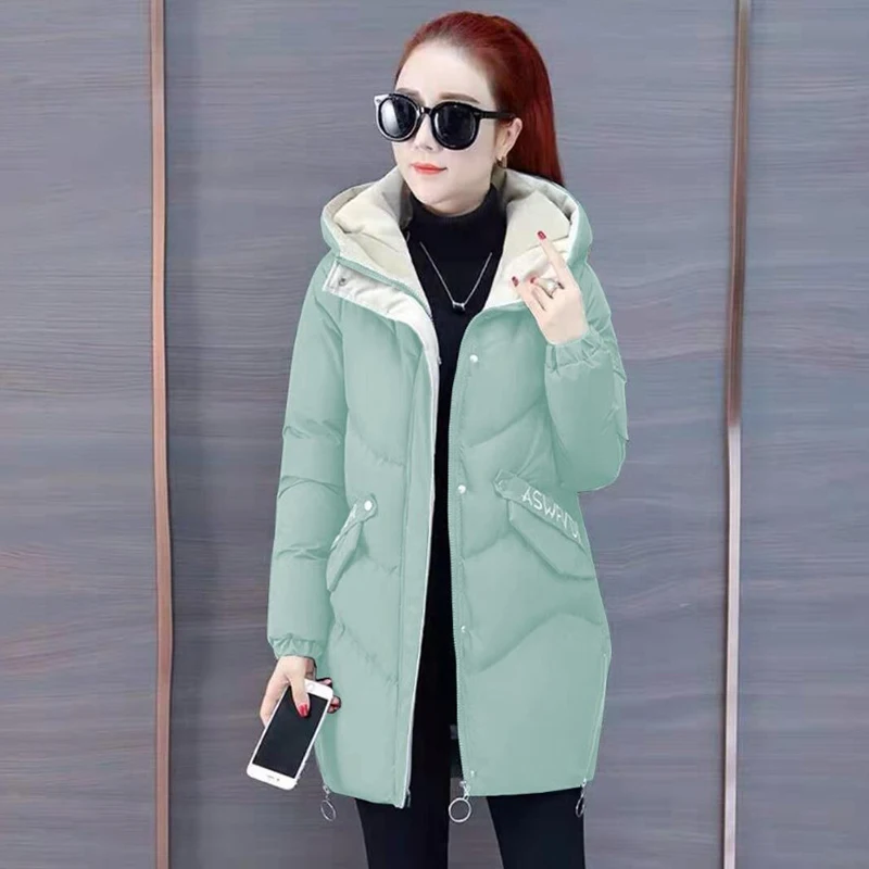 2022 Women Winter Jacket Hooded Warm Coat Green Cotton Padded Jacket Female Long Parka Splice Women Wadded Jaqueta Feminina Tops