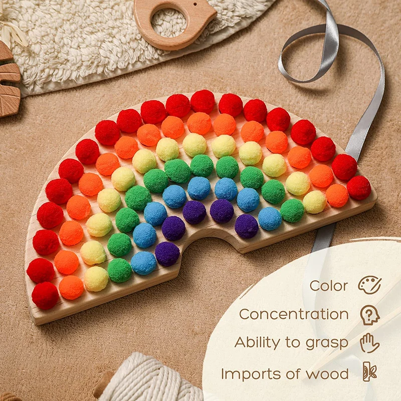 Let\'s Make 1Set Montessori Toys Wooden Rainbow Board Baby Color Sorting Sensory Toys Children Fine Motor Skills Education Toy