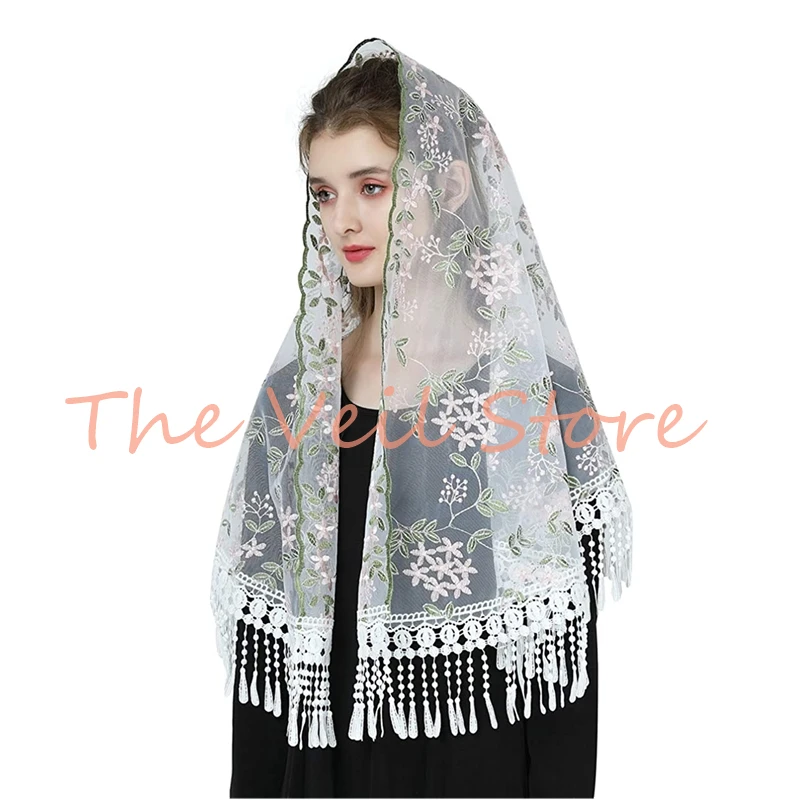 Women Veils for Church Catholic Embroidered Tulle Lace Head Covering Headwrap Pink and Green Mantilla Latin Mass Big D Shape