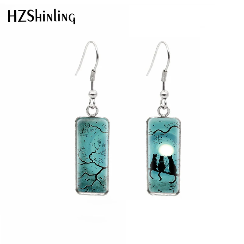 2020 Black Cats on the Moon Printing Rectangle Dangle Drop Hoop Earrings Glass Cabochon Jewelry Earrings for Girls