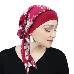 Turbante elástico estampado feminino, lenço pré-gravata, headwear feminino muçulmano, bandana elástica, chapéu de quimioterapia do câncer, cobertura para perda de cabelo, envoltório de cabeça