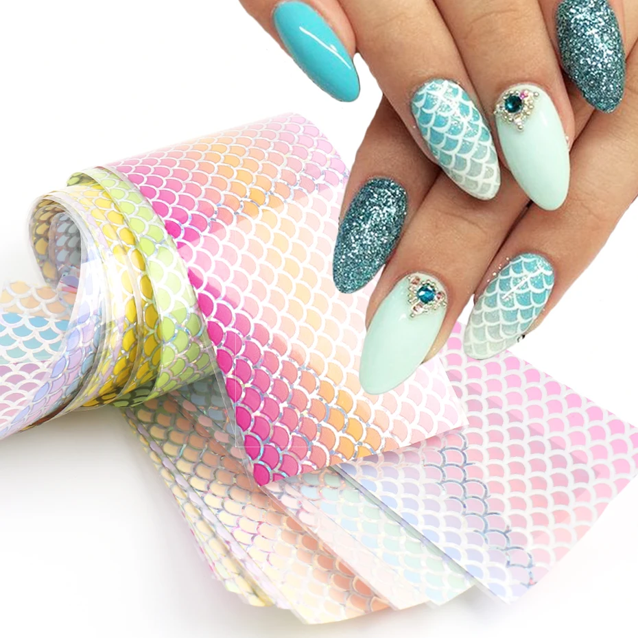 10Pcs Mermaid Nail Folies Gradiënt Vis Schaal Nail Art Decorations Holografische Zelfklevende Papier Golf Ontwerp Manicure Decals LE9114