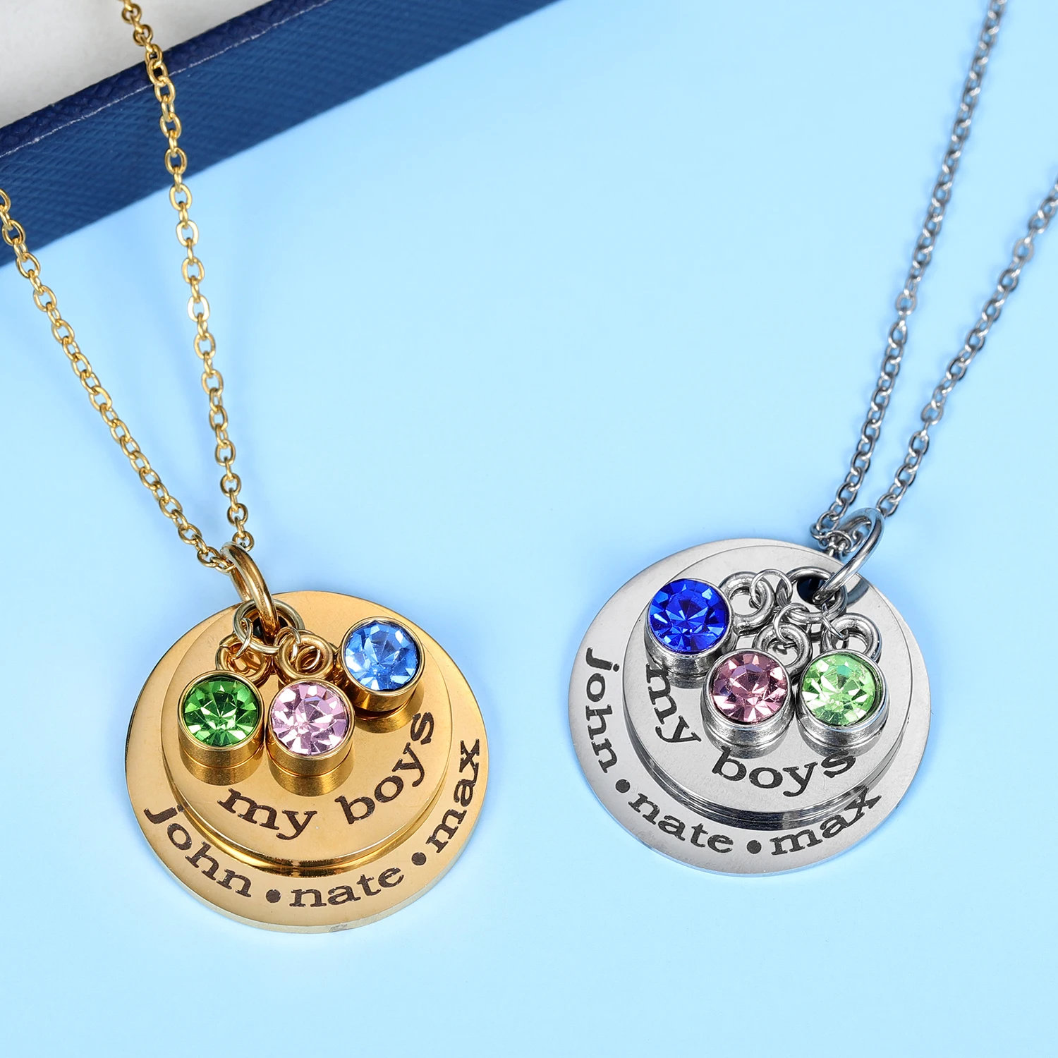 MYDIY Personalized Disc Superimposed Engrave Necklace Stainless Steel Birthday Stones Laminated Coin Custom Jewelry Lovers Gift