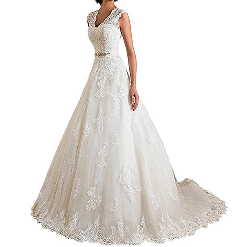 Classic Bride Lace Wedding Dresses Long Sweet Elegant Floor Length Applique Sexy Belt Embroidery Open Back Wedding Dresses