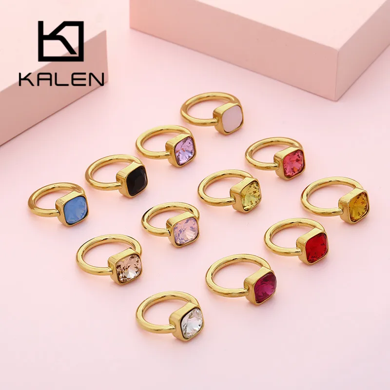 KALEN Fashion Square Colourful Glass Crystal Rings For Women Gold Color Stainless Steel Wedding Bands Femme Anillos Jewelry