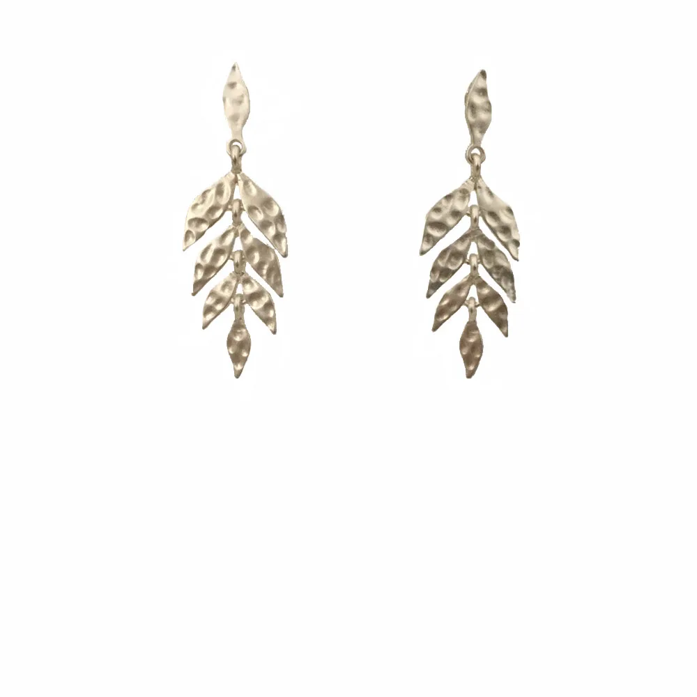 Casual Worm Gold Or Silver Color Hammered Leaf Linked Leaf Tree Drop Earrings For Women