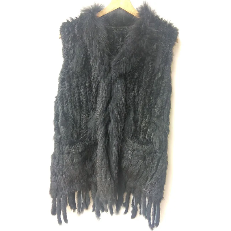 2020 Autumn Knitted Real Rabbit Fur Vest With Pocket With Tassel Women Fashion Sleeveless Long V-Neck Casual Loose Fur Gilet