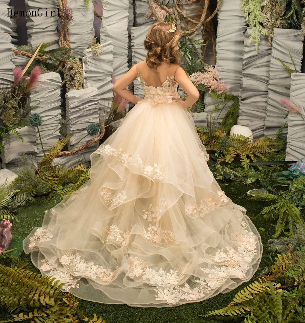 Vestido esponjoso de encaje para niña, traje de fiesta de encaje champán, vestido de cumpleaños para niña, vestido de flores para niña, vestido de boda desmontable