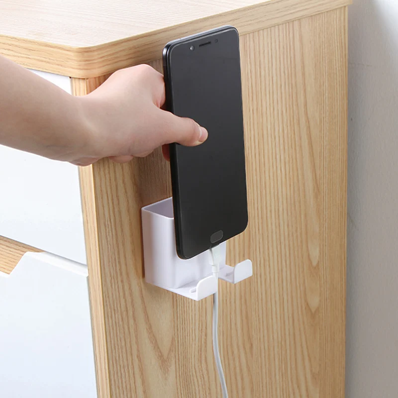 TV Air Remote Control Holder Wall-mounted Storage Box Mobile Phone Charging Stand With Plug Hook Storage Organiser For Home Desk