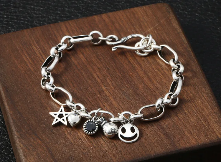 

pentagram s925 pure silver ornaments Thai silver keys bracelet for men and women personality contracted silver gift