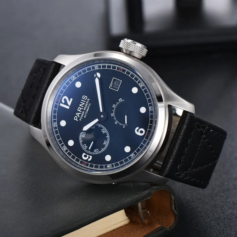 46mm parnis Grau Zifferblatt Datum gangreserve leder ST 2530 automatische bewegung herren uhr