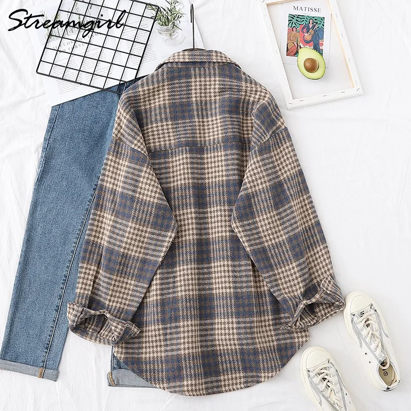 Women Woolen Plaid Shirt Oversize Women\'s Blouse Autumn 2023 Loose Thick Oversized Shirt Plaid Winter Warm Shirt Coat Woolen