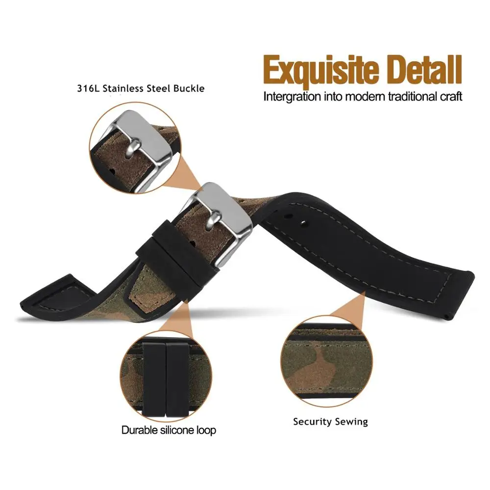 Hemsut Cowhide And Silicone Watch Strap Bracelet 18 20 22mm 24mm Cambo Men Women Waterproof Breathable Watch Straps