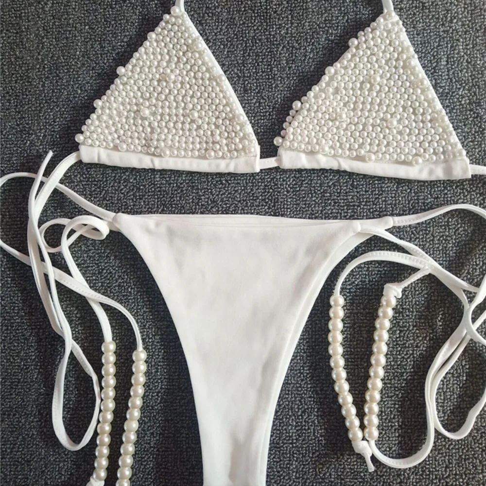 INS Fashion Sexy Pearl Bikini Bra and Thong Swimsuit Swimwear Set for Women Luxury Pearl Low Waist Bathing Suits Body Jewelry