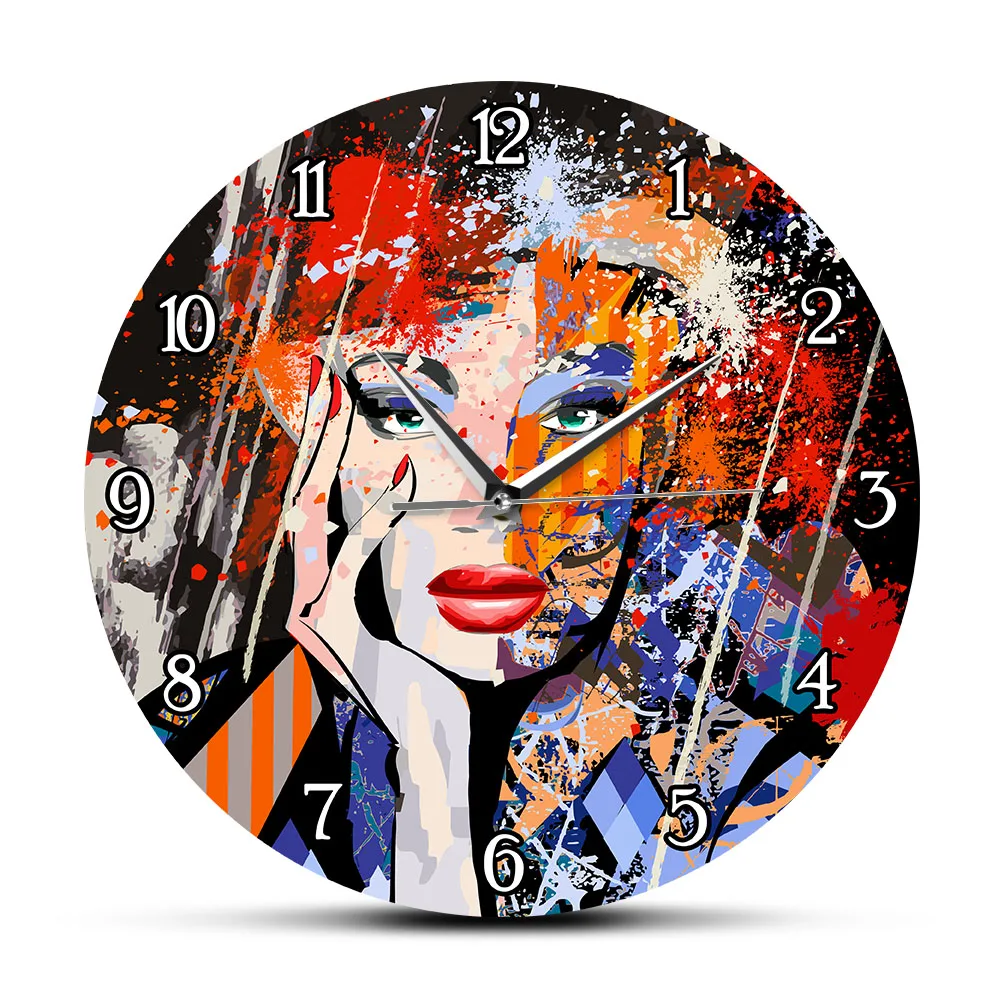 Abstract Art Fashion Lady Portrait Modern Wall Clock Painting Portrait Of A Woman Face Silent Wall Watch Interior Home Decor