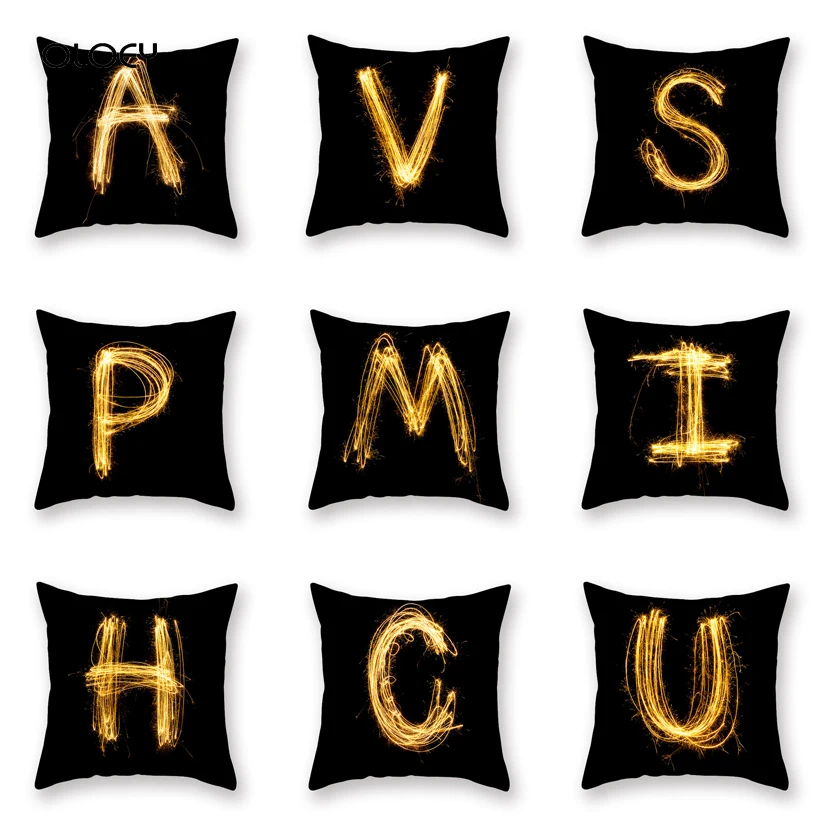 Hot Sale Firework Polyester Square Pillowcase Black Gold Letters Luxury Print Square Zipper Pillowcase Home Bedroom Decoration .