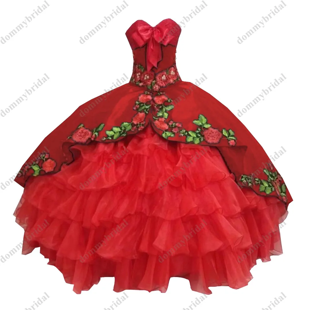 Vestido de quinceañera mexicana con estampado de flores rojas y Negro moderno, vestido de baile, lazos hinchados, fiesta Formal XV, vestido de graduación, corsé, 2023