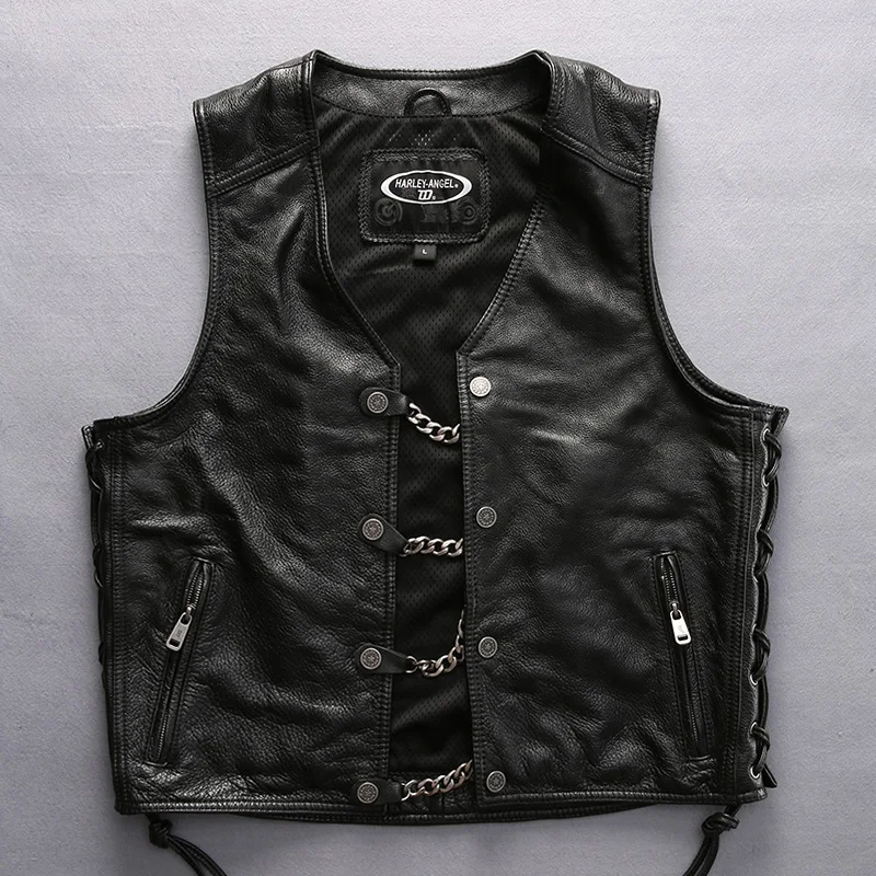 

DHL Free Shipping 2021 NewStyle Male Vest Genuine Leather Motorcycle Rider Chain Vest Thick Genuine Leather Sleeveless Jacket