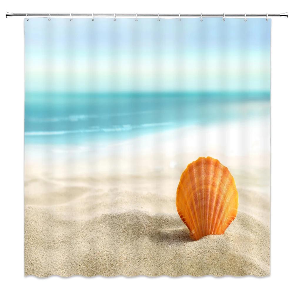 Ocean Beach Shower Curtains Set Sea Wave Summer Scenery Blue Sky Landscapes Shell Starfish Bathroom Decor Polyester Bath Curtain